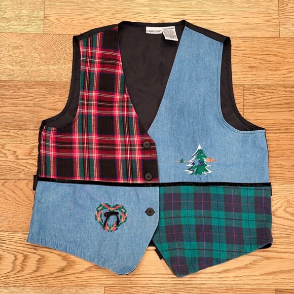 Vintage Christmas Vest Plaid Denim Embroidered Design Size Womens XL Red Green - Picture 4 of 4